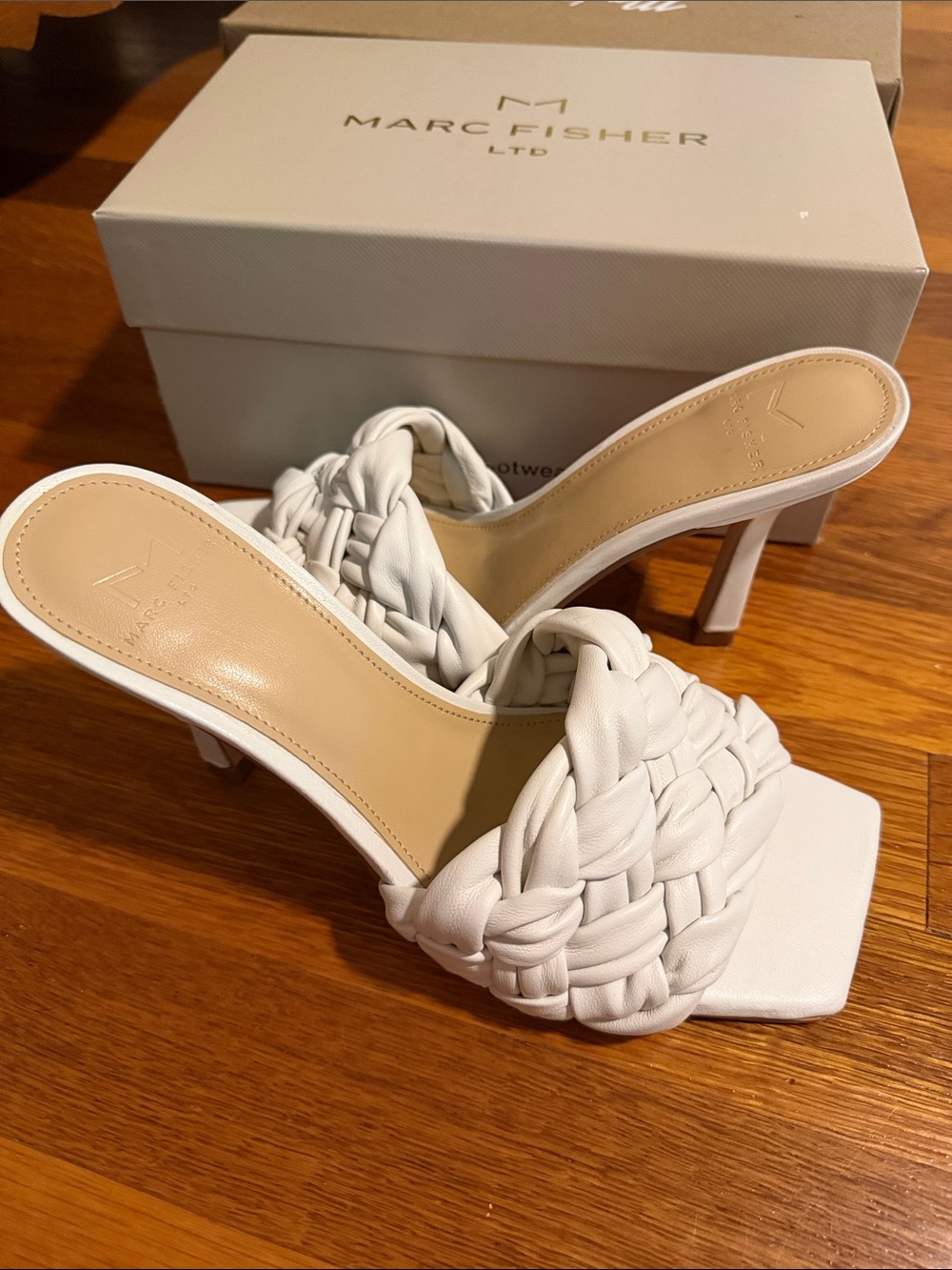 Marc Fisher White Braided Leather Heel Mules